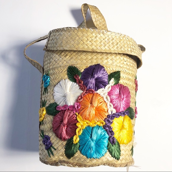 Vintage Straw Raffia Flower Tote Bag Storage